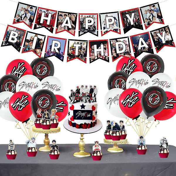 Heytea Stray-kids Festudstyr, Stray-kids Festpynt Inkluderer Tillykke Med Fødselsdagen Bannere, Kage Toppers, Cupcakes Toppers, Balloner (YJD)