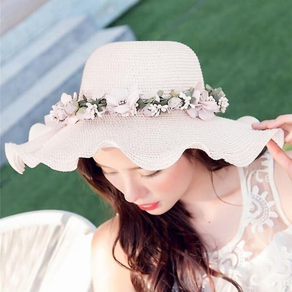 Kvinnor Dam Sommar Sol Strandhatt Utomhus Solhatt Med Blommor Elegant 2017 Ny[YJD] Khaki
