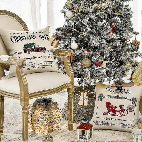 Set med 4 kuddfodral, 45,72 x 45,72 cm Jul Vinter Högtid Rustik Stugdekor för Soffa Vardagsrum[YJD]