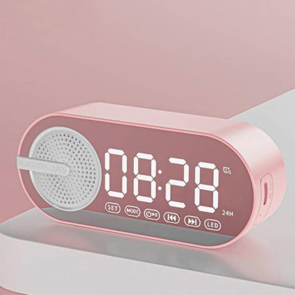 Väckarklocka för barn med stor LED-display, atomisk tidssynkronisering, Bluetooth-högtalare – kompatibel med iOS/Android[YJD] Pink
