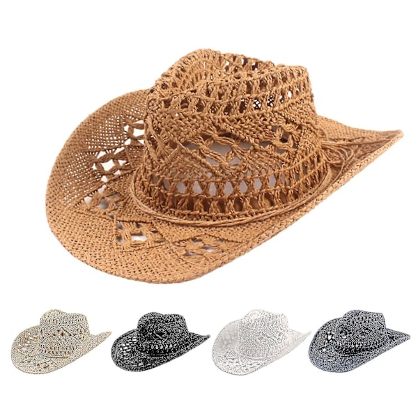 Cowboyhatt Klassisk Vintage Hul Ut Unisex Krøllet Kant Bredbremmet Herre Solhatt Fiskehatt-hao[HK] Khaki