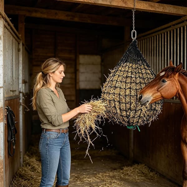 Foderhäck för boskap – Långsam utfodring hängande säck med krok för häst, get, får, nötkreatur | Knutfri nätmatare som stöder ladugårdsbete [YJD]