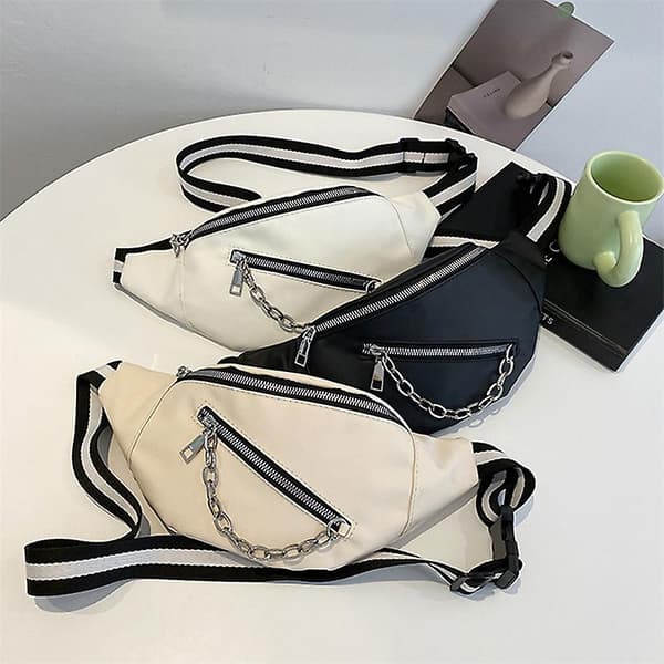 Axelväska för damer Street Solid Bröstväska Randig Rem Kedja Dragkedja Midjeväskor[YJD] Beige 1pc