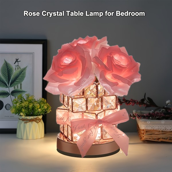 1 stk Ladbar Rose Krystall Bordlampe - Ledningsfri LED Blomsterlampe for Soverom Stue Dekor - 3 Farger Dimbar, Romantisk, Bærbar, E  (YJD) pink