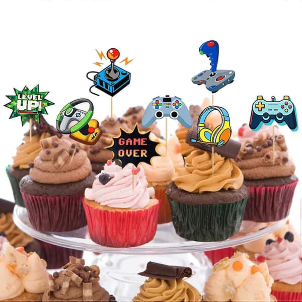 Gratulerer med dagen-dekorasjoner, levende glitter-dessertcupcake-topper, perfekt for videospillfestutstyr[YJD]