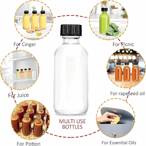 12 stk Glassflasker med lokk og 2 rustfrie trakter 2 oz 60ml, små klare glassflasker for potion, juice, velvære, ingefærskudd,   (YJD) 2oz-60ml 12Packs