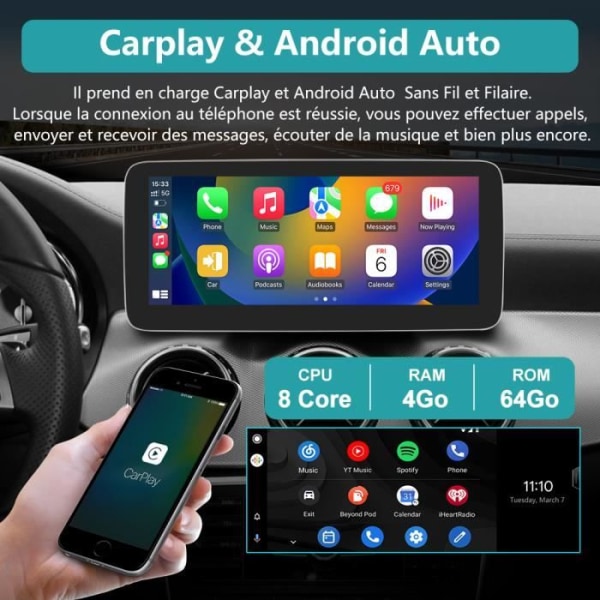 AWESAFE Android 11 bilradio 4GB+64GB för Mercedes Benz A Class/GLA W169(2015)NTG 4.5 med 10,25 tum, Carplay/Android Auto