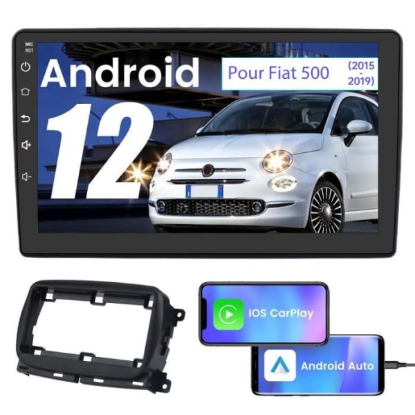 Awesafe Android 12 bilradio för Fiat 500 (2016-2019) 9-tums HD-pekskärm med Carplay Android Auto GPS WiFi [2GB+32GB] Svart
