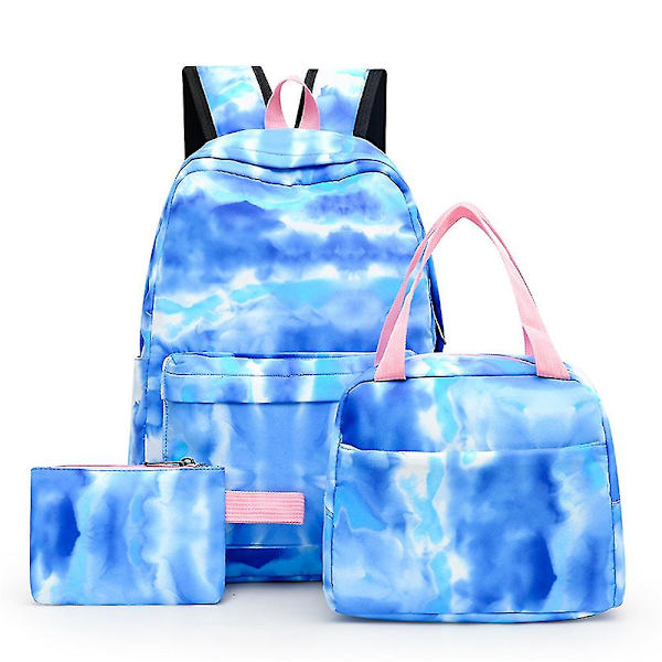 Skolväskeset för flickor, 3 i 1 barnryggsäckar lätta färgglada ryggsäckar, tie dye skolväska med lunchväska och plånbok Blue