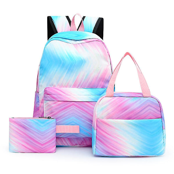 Skolväska set för flickor, 3 i 1 barnryggsäckar lätt färgglad ryggsäck, Tie Dye skolväska med lunchväska och plånbok Purple