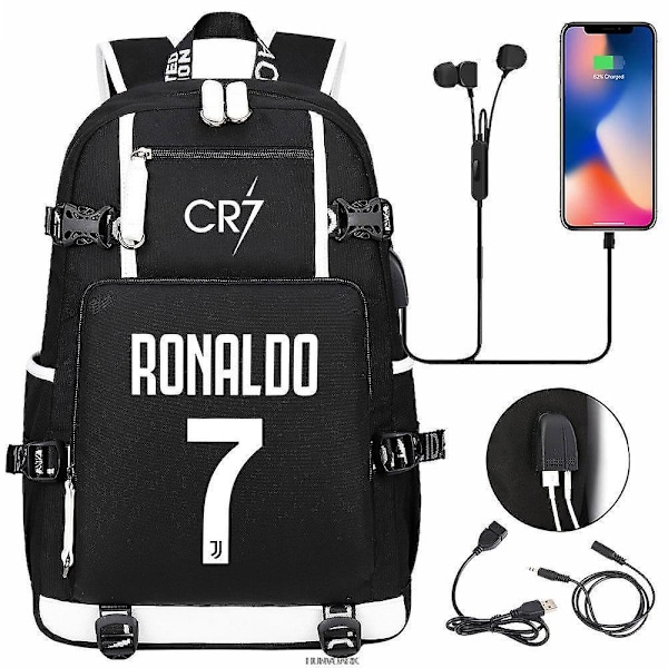 Fotboll Super Stars CR7 Ryggsäck Svart Printe USB Tonåringar Pojkar Flickor Skolväskor Kvinnor Män Resa Casual Vattentät Mochilas Clear