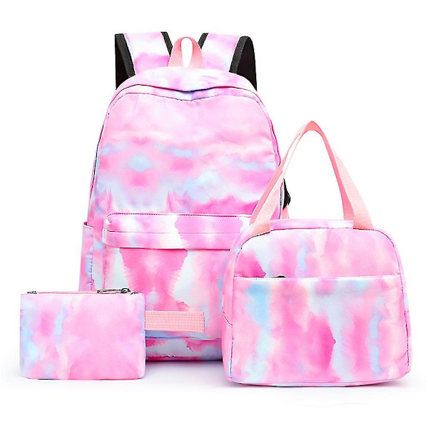 Skolväskeset för flickor, 3 i 1 barnryggsäckar lätta färgglada ryggsäckar, tie dye skolväska med lunchväska och plånbok Rose Red