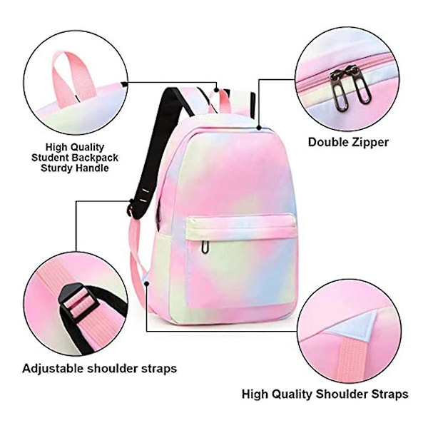 Skolväskeset för flickor, 3 i 1 barnryggsäckar lätta färgglada ryggsäckar, tie dye skolväska med lunchväska och plånbok Rose Red