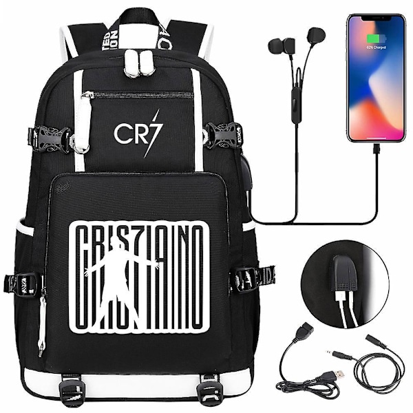 Fotboll Super Stars CR7 Ryggsäck Svart Printe USB Tonåringar Pojkar Flickor Skolväskor Kvinnor Män Resa Casual Vattentät Mochilas Orange