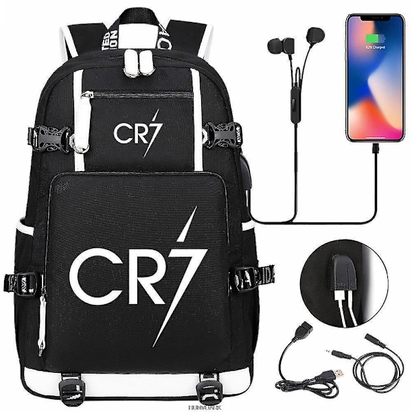 Fotboll Super Stars CR7 Ryggsäck Svart Printe USB Tonåringar Pojkar Flickor Skolväskor Kvinnor Män Resa Casual Vattentät Mochilas White