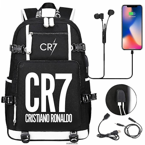 Fotboll Super Stars CR7 Ryggsäck Svart Printe USB Tonåringar Pojkar Flickor Skolväskor Kvinnor Män Resa Casual Vattentät Mochilas Gold