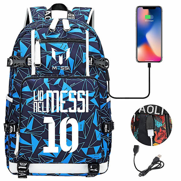 Fotboll Messi Ryggsäck med Stor Kapacitet, Perfekt för Resor - Svart Färg, USB-laddning för Bekväm Användning - Vattentäta Skolväska 7