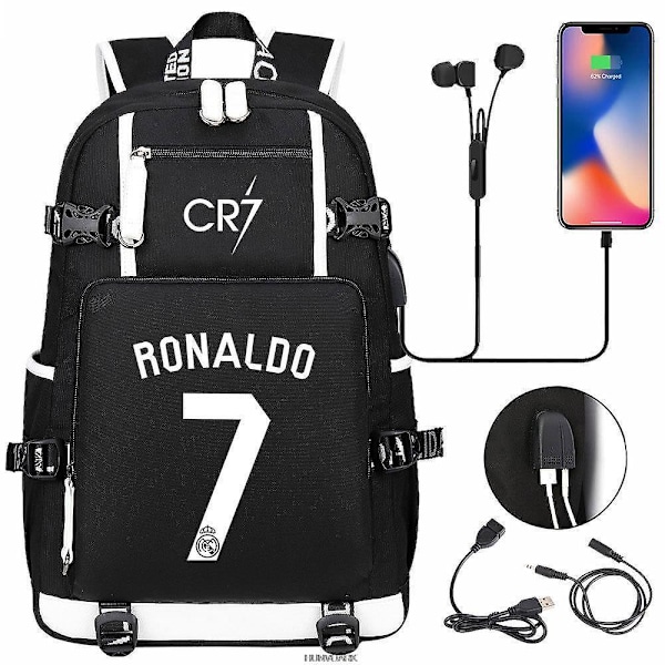 Fotboll Super Stars CR7 Ryggsäck Svart Printe USB Tonåringar Pojkar Flickor Skolväskor Kvinnor Män Resa Casual Vattentät Mochilas Gold