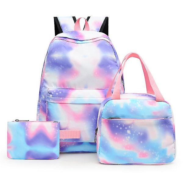 Skolväskeset för flickor, 3 i 1 barnryggsäckar lätta färgglada ryggsäckar, tie dye skolväska med lunchväska och plånbok Star Purple