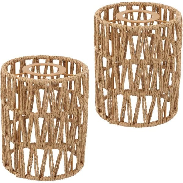 Rattan Lampeskjermer - 2 Stykker - Sylindrisk Boho - Diffust Lys - Hage Stue - 15x12cm