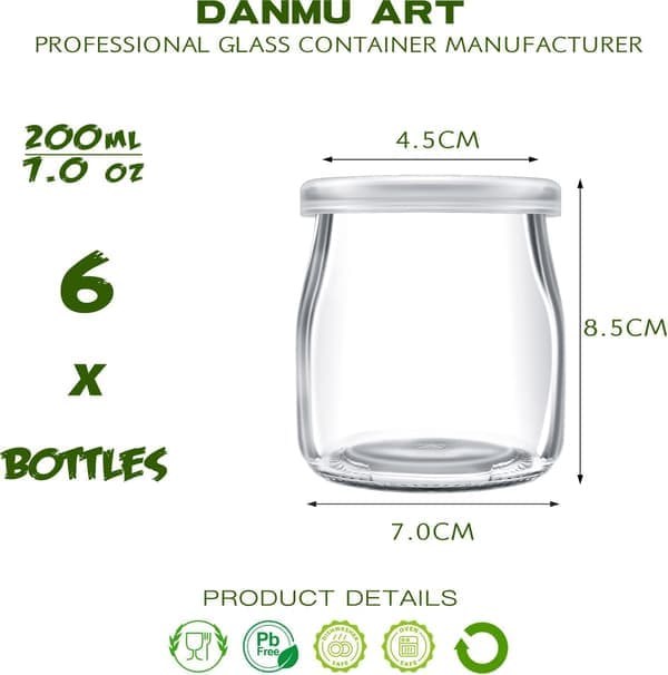200 ml Yoghurt Budding Glas med Plastiklåg Mini Kop Små Glasflasker (6)