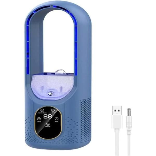 Bladeless ventilator, ultra-kraftig luftstråle, USB, til kontor og hjem (blå).
