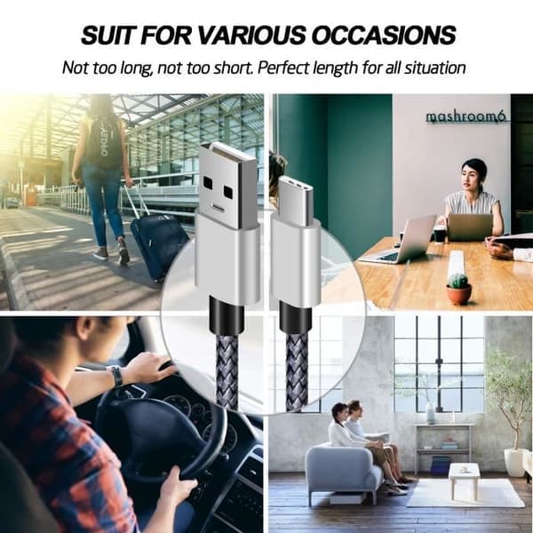 USB Typ C-kabel, grå, (2M 2M), lång nylonflätad sladd USB Typ A till C laddningskabel för Samsung Galaxy S8 Plus, Ga