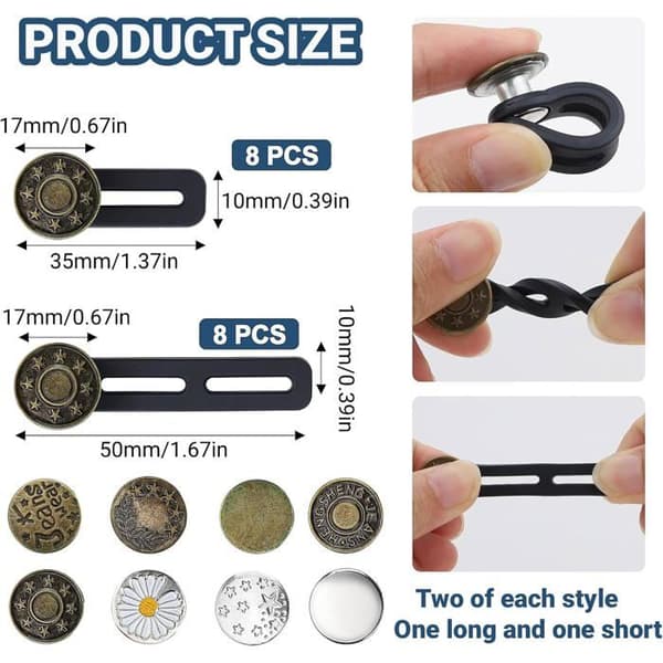 Bukseknappforlengere - 16 deler - Legering og silikon - Elastisk midjeforlengelse - For menn og kvinner
