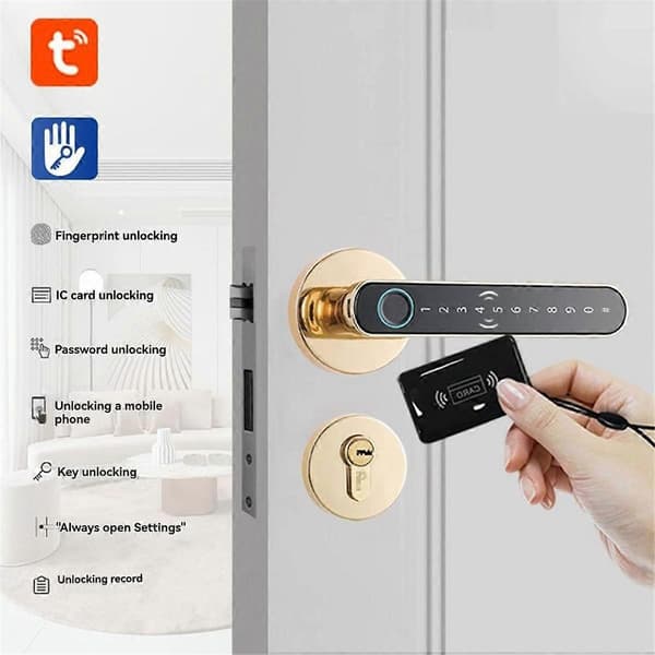 Dörrlås med delad spak, nyckellöst Bluetooth-fingeravtrycksdörrlås, guld