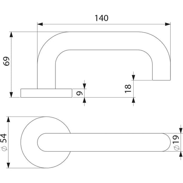 U-formet innerdørhåndtak med 53 mm rosett, satengnikkel rustfritt stål, returfjær