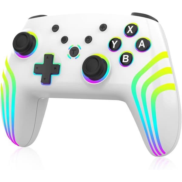 Trådløs Pro Controller til Switch/Switch 2/Lite/OLED/PC – Med 7-farvet RGB-belysning og dobbelt vibration, hvid