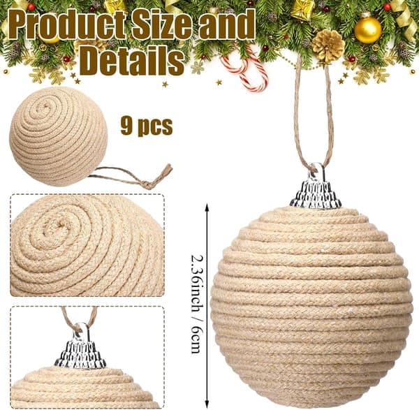 Julekuler 9 stk 6 cm Boho Farmhouse Jute Burlap Rustikk Trekrans [Ho]
