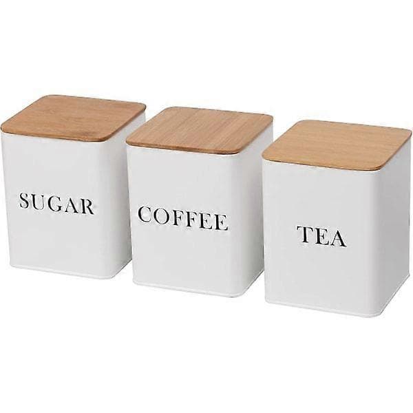Set med 3 burkar för te, kaffe och socker med lufttäta bambulock, vit