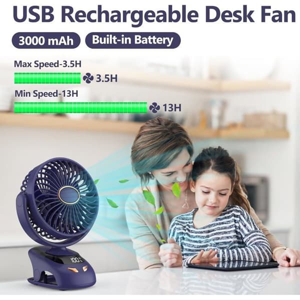 USB-klemmeventilator, LED-display, 5 hastigheder, lydsvag, 90° roterende bordventilator, bordventilator, til camping