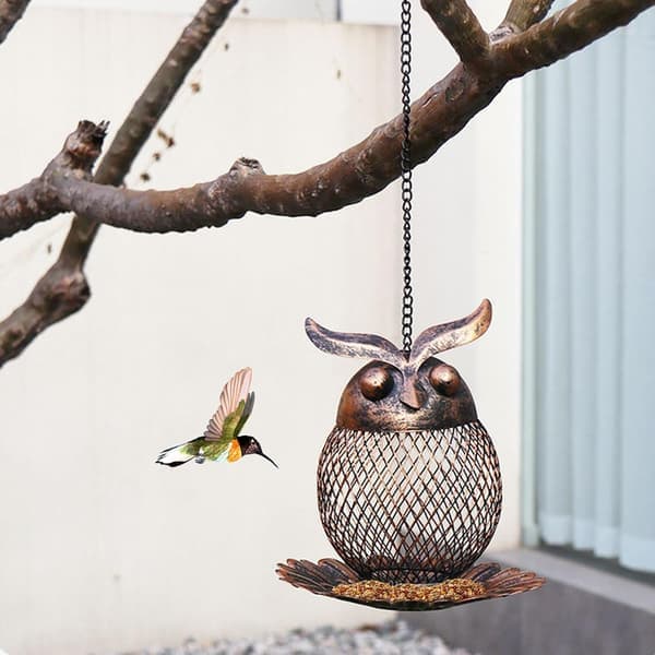 Fuglefoderhus i metal, 15 cm ugleformet hængende fuglefoderhus med hul krop og bundbakke. Let at genopfylde sort udendørs fuglefoderhus. (Ho)