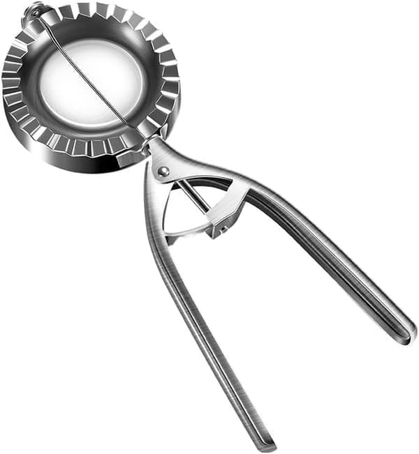 Dumplingfremstillingsværktøj i rustfrit stål, håndlavede køkken- og bagegadgets, professionel sølv dumplingform med riflet kant. [Ho]