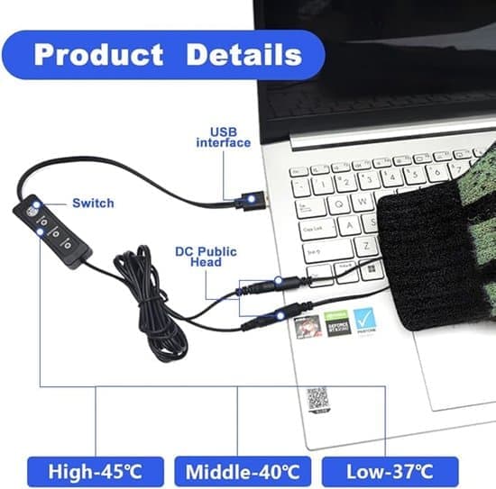 Opvarmede handsker USB Touch Screen Vaskbar Vinter Fuld Finger Indendørs Kontor Sort [Ho]