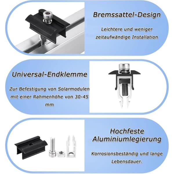Solcellepanel monteringssett, aluminiumsbrakett, solcellepanel monteringssett med muttere og skruer, for takmontering av solcellepaneler