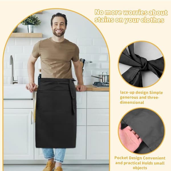 Halvkokkeforklæde - 1 Stykke - Polyester - 4 Lommer og Lange Bindebånd - Til Restaurant, Cafe, BBQ - 7