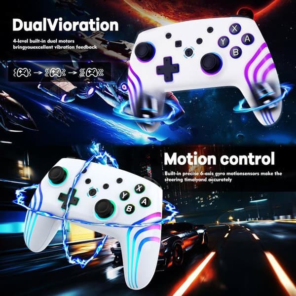 Trådløs Pro Controller til Switch/Switch 2/Lite/OLED/PC – Med 7-farvet RGB-belysning og dobbelt vibration, hvid