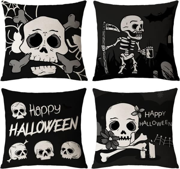 Sæt med 4 sorte Halloween dekorative puder Skelet Spøgelse Pudebetræk 45*45cm