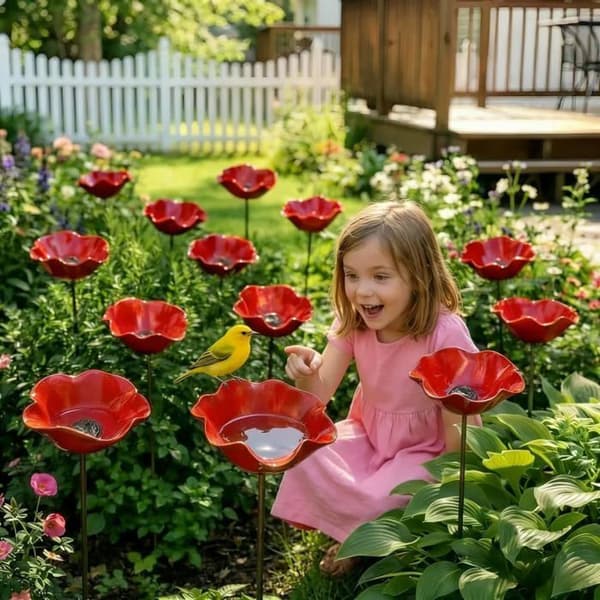 Fuglebad - 1 enhet - Metall - Blomstermønster - Utendørs hagevanner - Rød