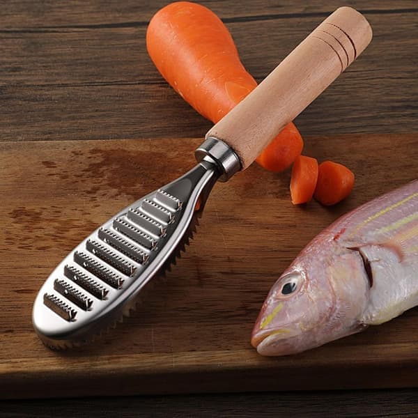 Fiskeskraber i rustfrit stål med træhåndtag og ingefær-/hvidløgsrive [Ho]