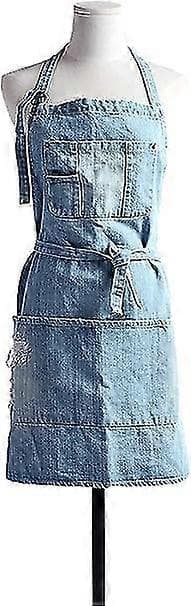 Denimförkläde, Unisex Justerbart Haklappsförkläde med Fickor för Matlagning Kök Kort Wathet Blåsvart