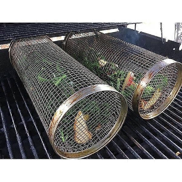 BBQ Rullende Grillkurv, 1 Styk Cylindrisk Grillkurv i Rustfrit Stål Trådnet 20*9*9CM