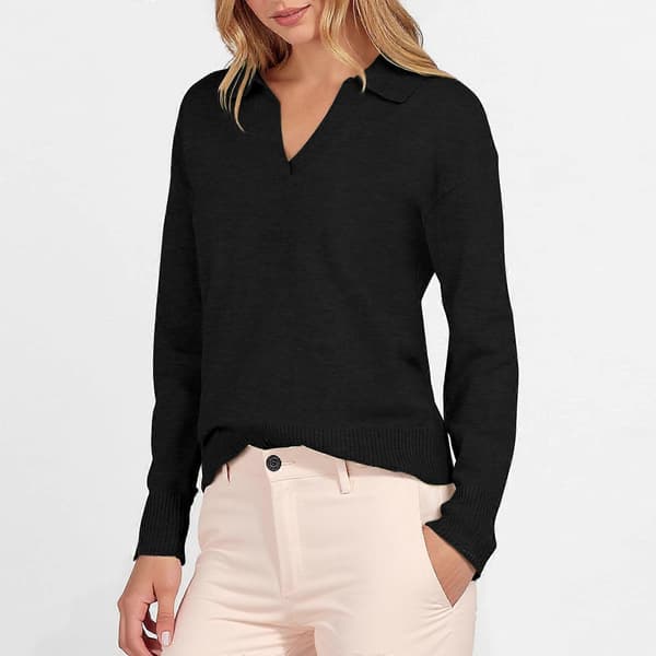 Dame Polo Hals Langærmet Basic Strikket Pullover Sort XXXL Black XXXL