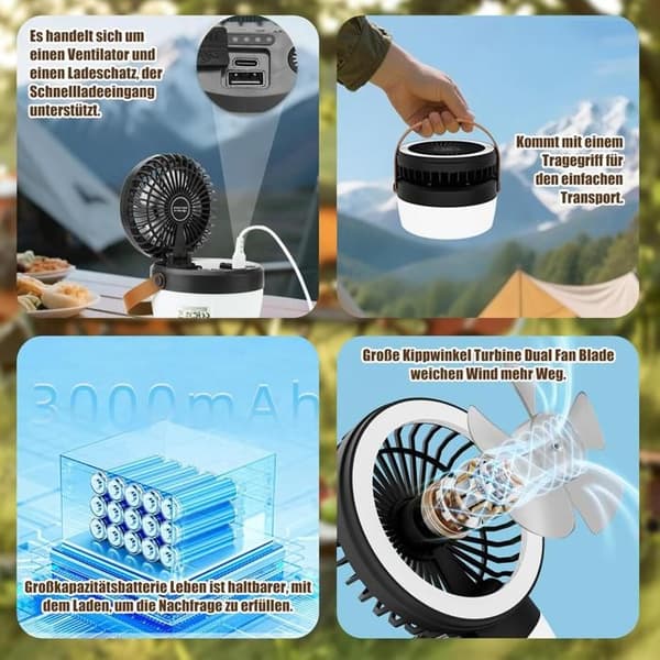 Solar- og USB-campingventilator – Bord-/lampekombination, 90° vip, 4 lys, 3 hastigheder – Sort