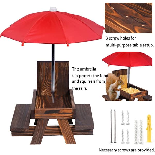 Egernfoderhus Picnictabel med Parasol og Majskolbeholder, Ny Premium Gave til Egern- og Jordegernelskere, Udendørs Havepynt Rød Red