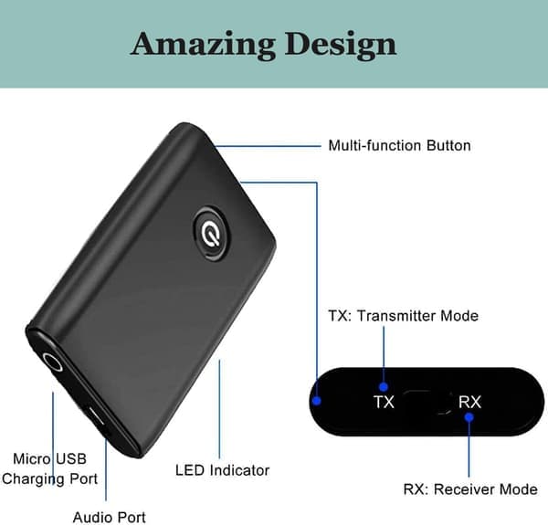 Bluetooth 5.0-adapter, trådløs bærbar 2-i-1 Bluetooth-sender og -modtager, stereo 3,5 mm jack Bluetooth-lydadapter, til hovedtelefoner