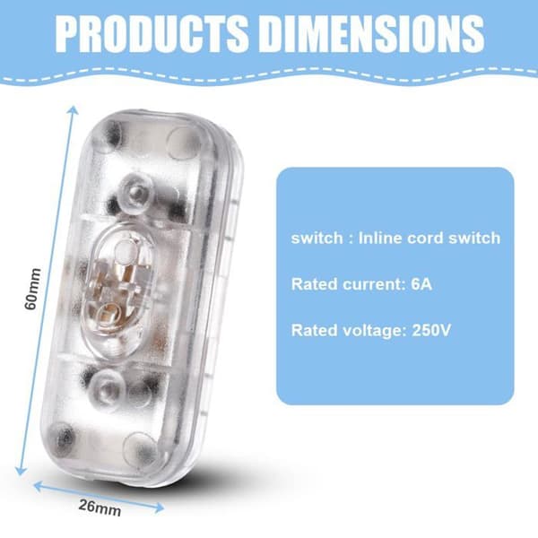 Transparent 250V Dobbeltpolet Afbryder, Pakke med 2, Inline PC-Afbryder til Lamper og Små Apparater